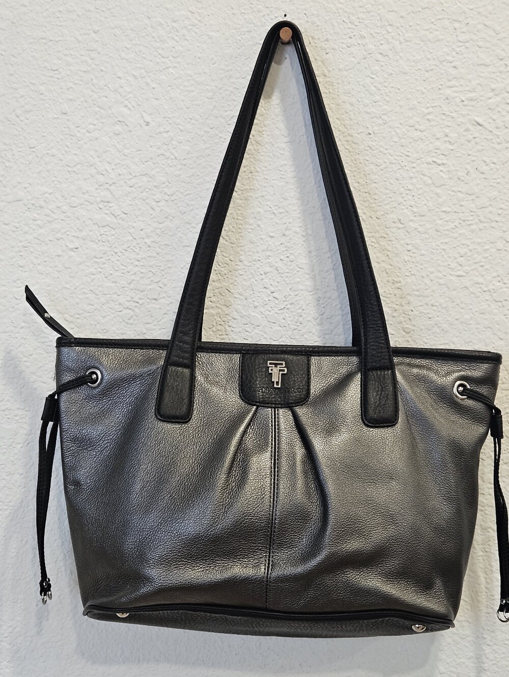 Tignanello Pebbled Leather Tote Bag Metallic Pewter Silver Drawstring Shoulder
